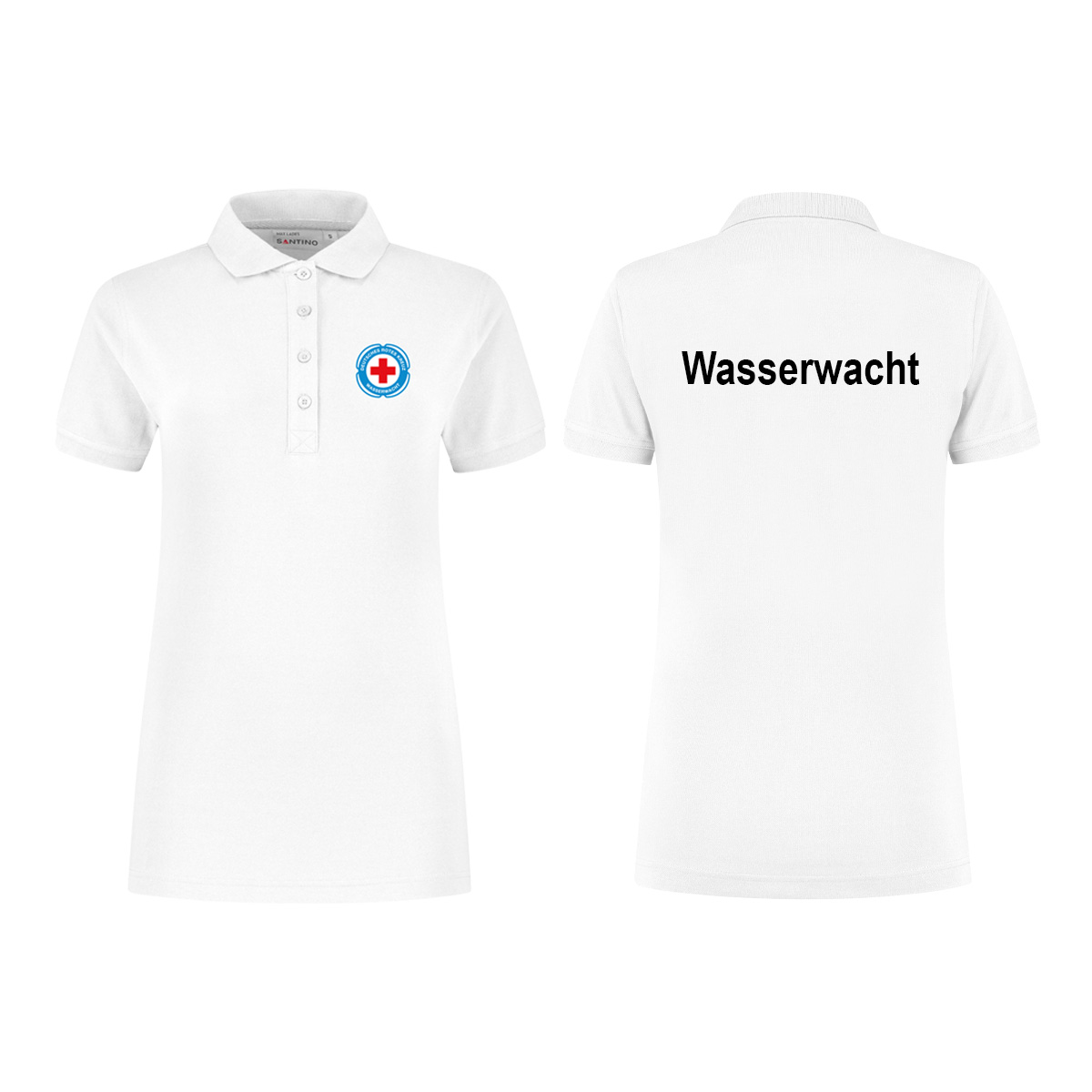 Poloshirt für Damen mit weiß und navy Druck Wasserwachtlogo