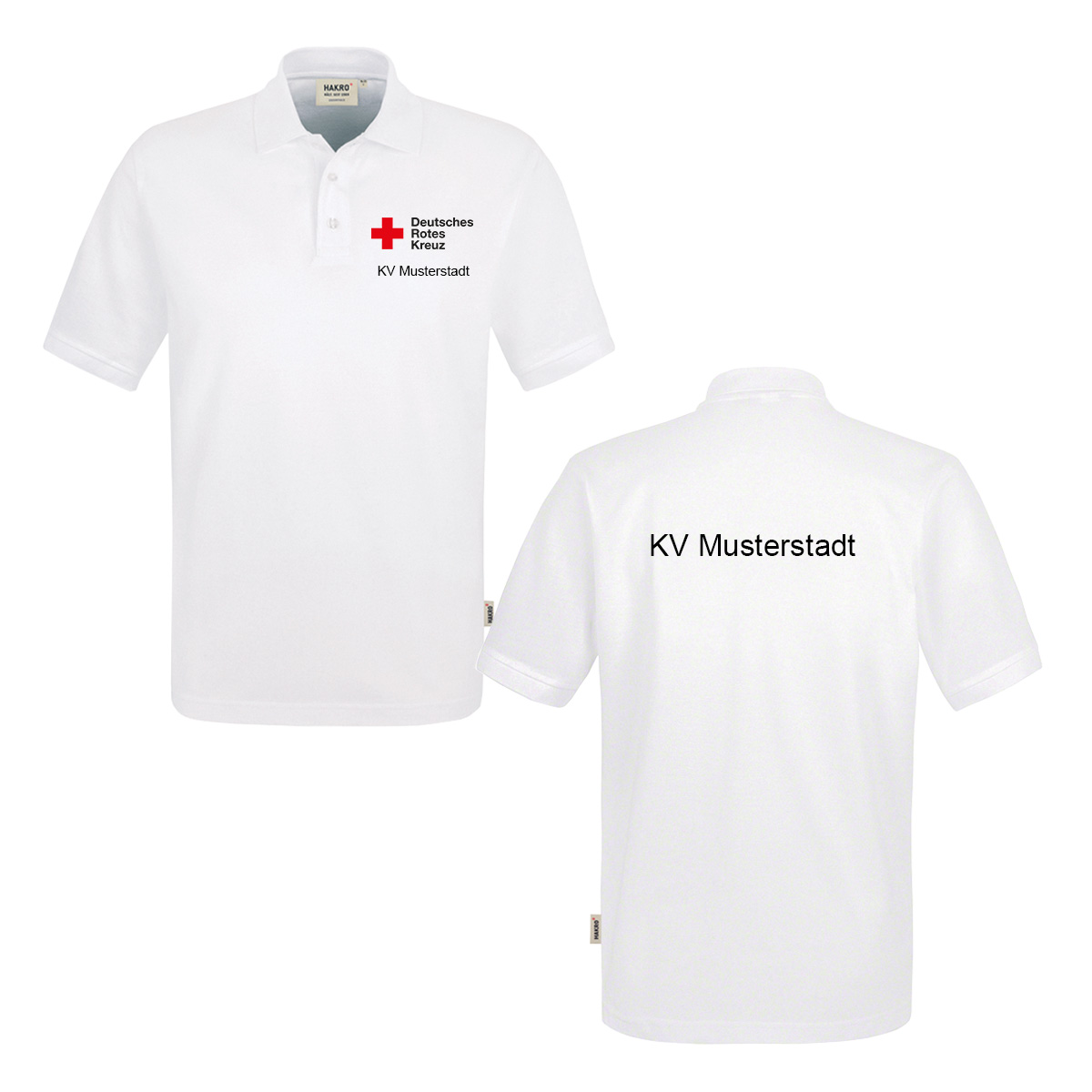 Hakro Poloshirt weiß, Stick Kompaktlogo und Zusatzzeile vorn und hinten Hakro Poloshirt weiß mit Stick Kompaktlogo und Zusatzzeile vorn und hinten