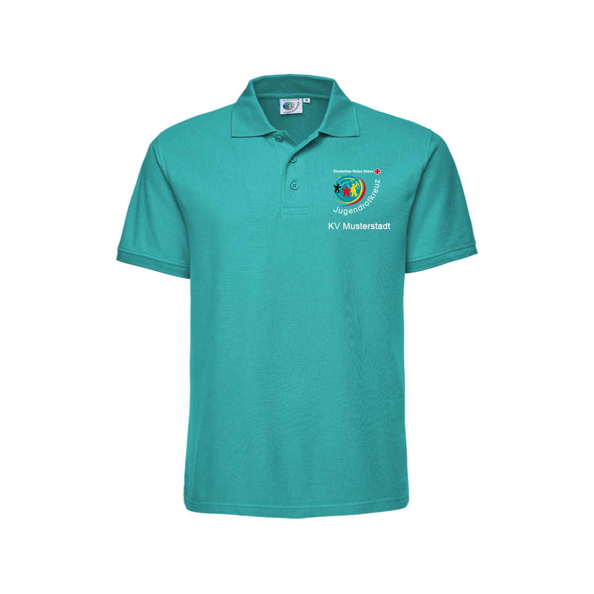 JRK-Poloshirt petrol mit Druck: JRK-Logo vorne und Zusatzzeile vorn