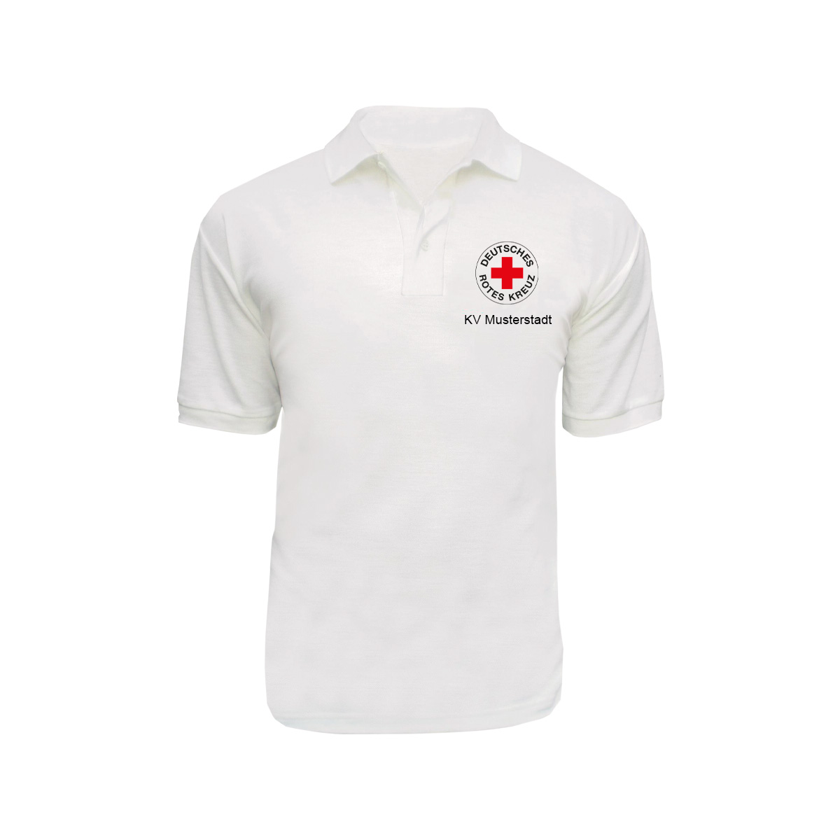 Poloshirt weiß mit Stick Rundlogo und Zusatzzeile vorn