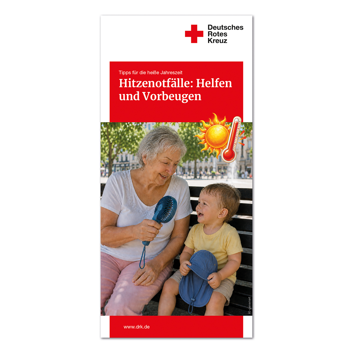 Faltblatt Hitzenotfälle: Helfen und Vorbeugen mit VE = 50 Stück, Hitzeschutz, Hitzewarnung, Erste Hilfe, Sommer, Rotes Kreuz