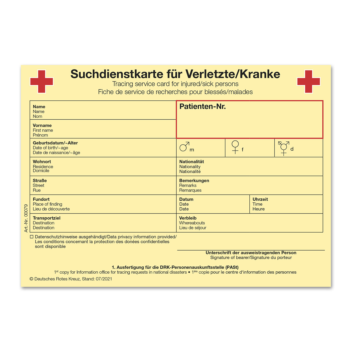 Suchdienstkarte für Verletzte/Kranke mit VE = 100 Stück