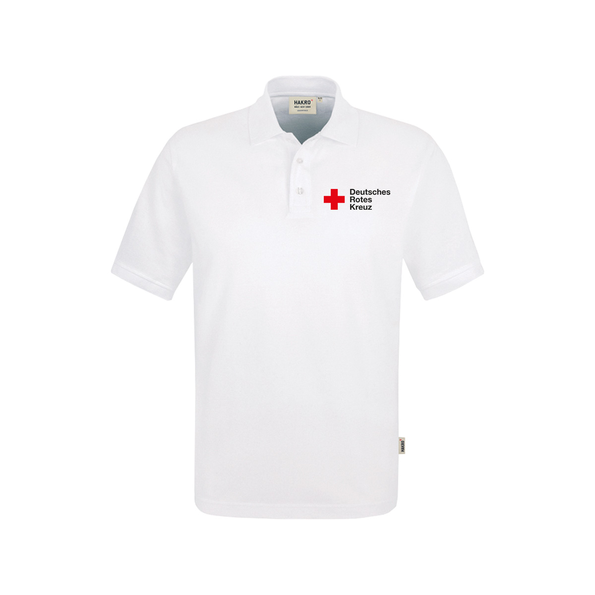 Hakro Poloshirt weiß mit Stick Kompaktlogo und Zusatzzeile vorn