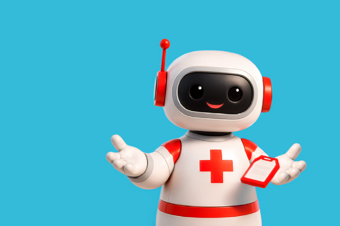 Spielzeugroboter, Medizinisch-rote Kreuz, Kostüm-Design, Roboter mit Headset, Hände offen