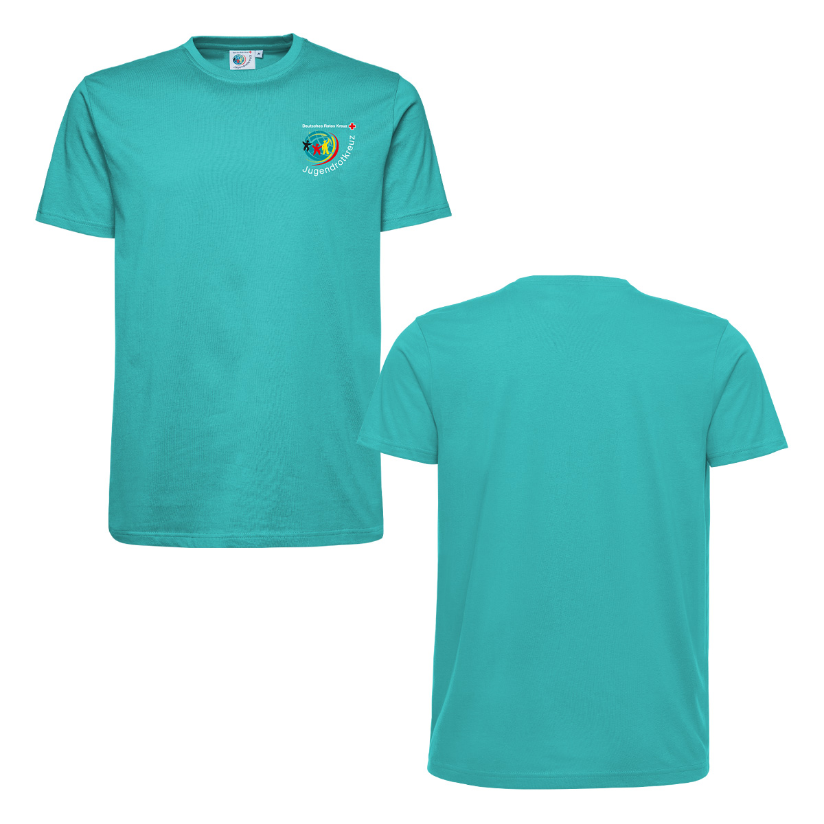 JRK-T-Shirt petrol mit Druck: JRK-Logo vorne und Zusatzzeile vorn und hinten