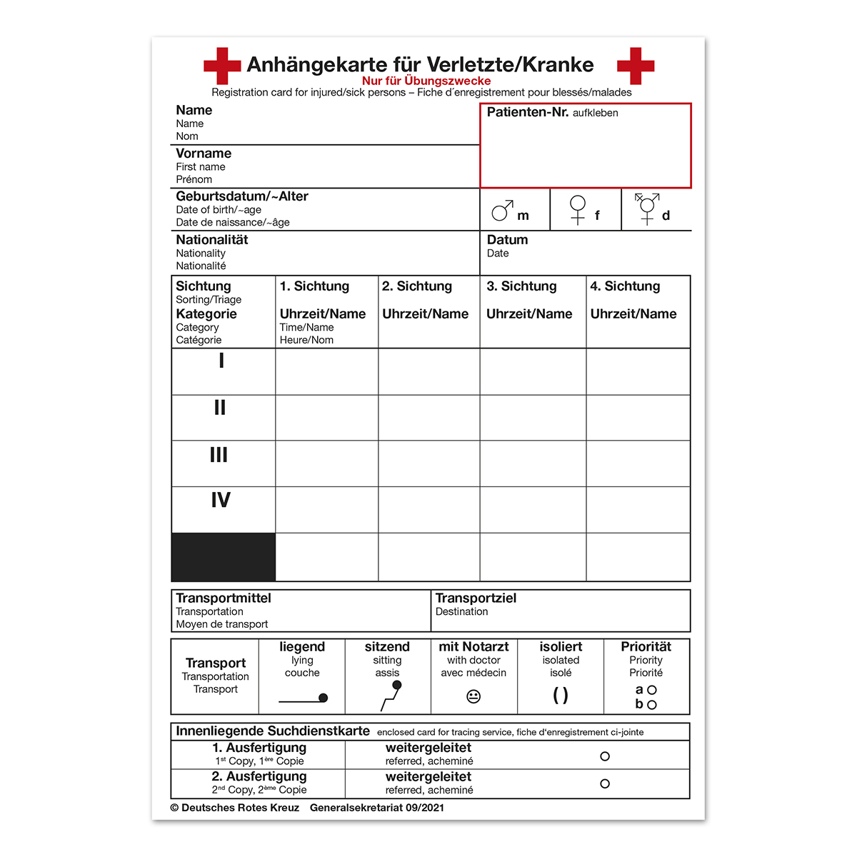 Übungsblock zur Anhängekarte für Verletzte/Kranke mit VE = 1 Block à 50 Blatt