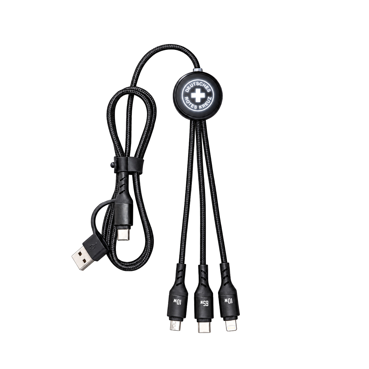 Ladekabel, USB-A, Mehrfachstecker, geflochtenes Kabel, schwarz