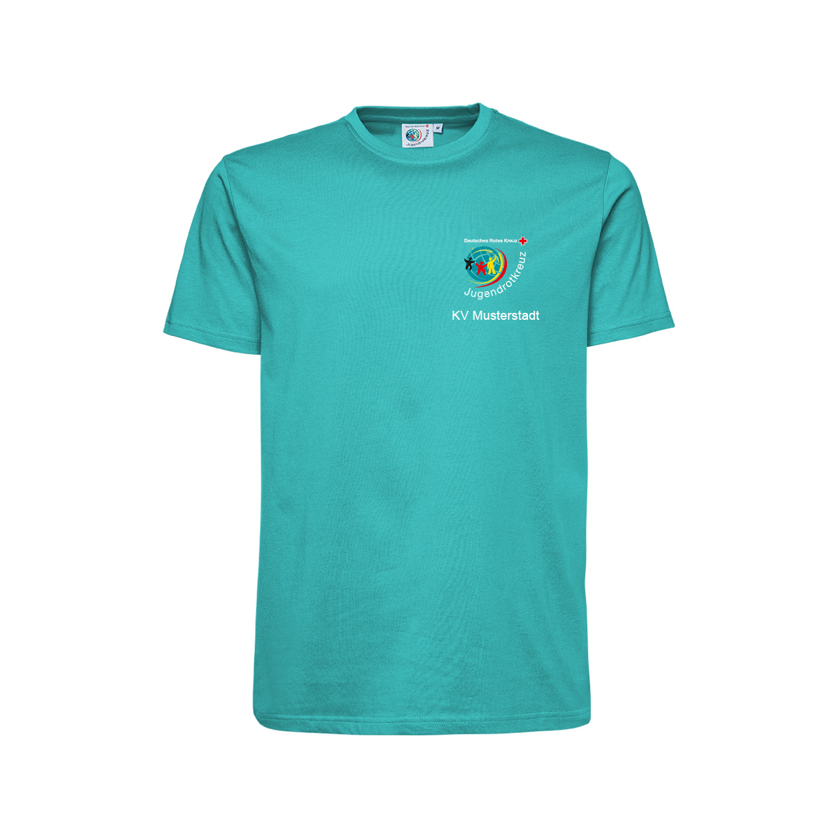 JRK-T-Shirt petrol mit Druck: JRK-Logo vorne und Zusatzzeile vorn