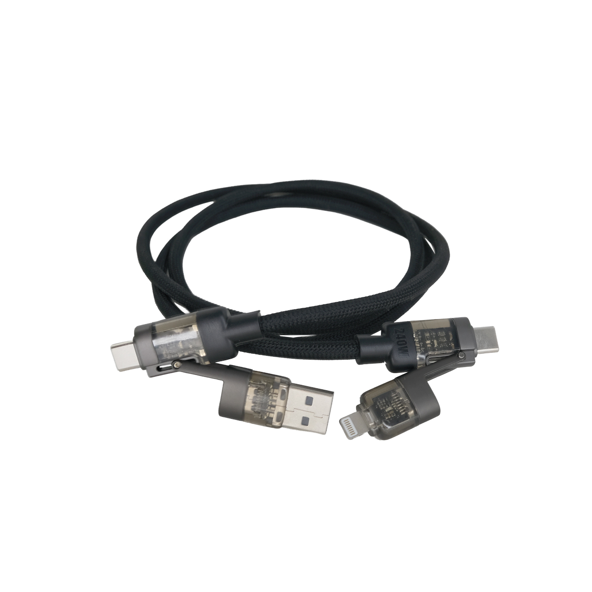 Ladekabel, Mehrfachstecker, USB-C, Lightning, schwarzes Gewebe
