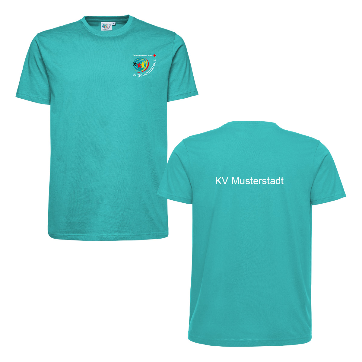 JRK-T-Shirt petrol mit Druck: JRK-Logo vorne und Zusatzzeile hinten