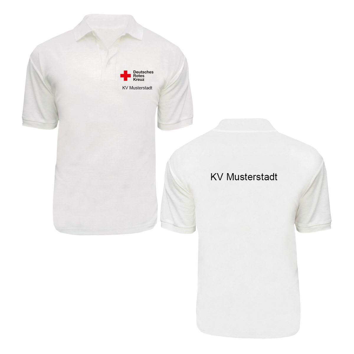 Poloshirt weiß mit Stick Kompaktlogo und Zusatzzeile vorn und hinten