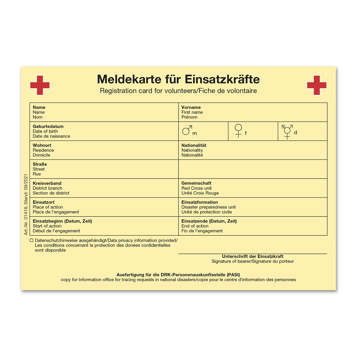 Meldekarte für Einsatzkräfte mit VE = 50 Stück