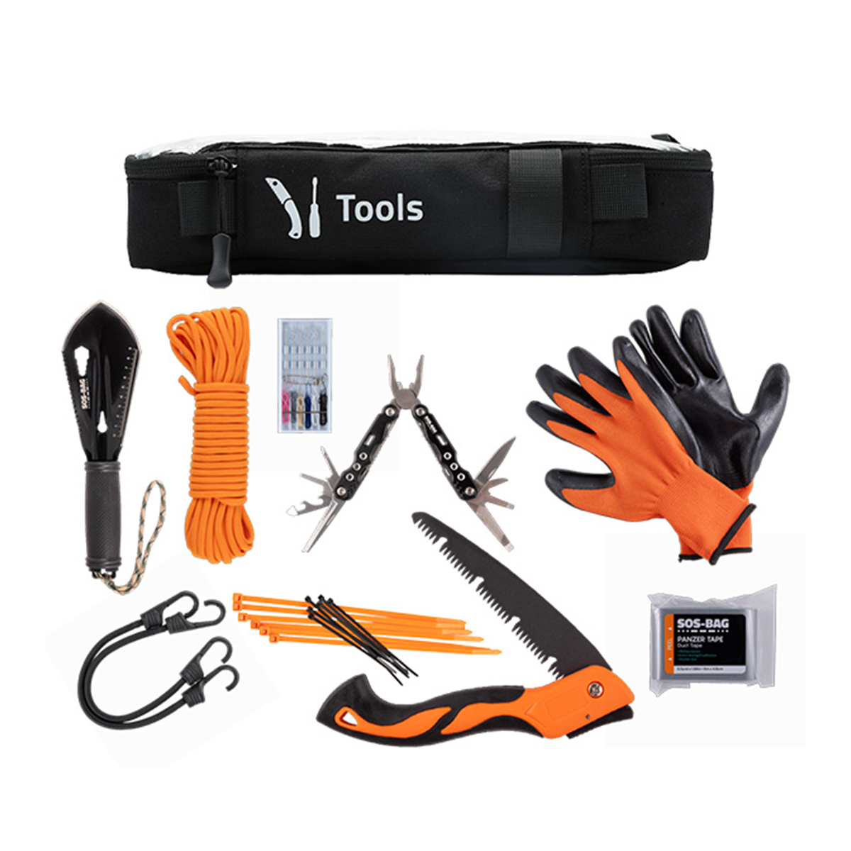 Multitool, Messer, Handschuhe, Paracord, Säge