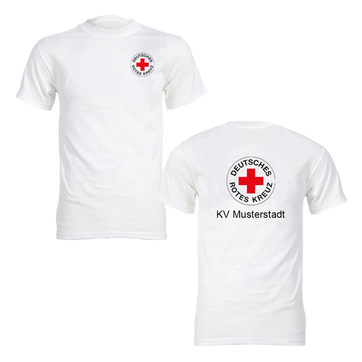 T-Shirt weiß, Druck Rundlogo beidseitig und Zusatzzeile hinten T-Shirt weiß mit Druck Rundlogo beidseitig und Zusatzzeile hinten