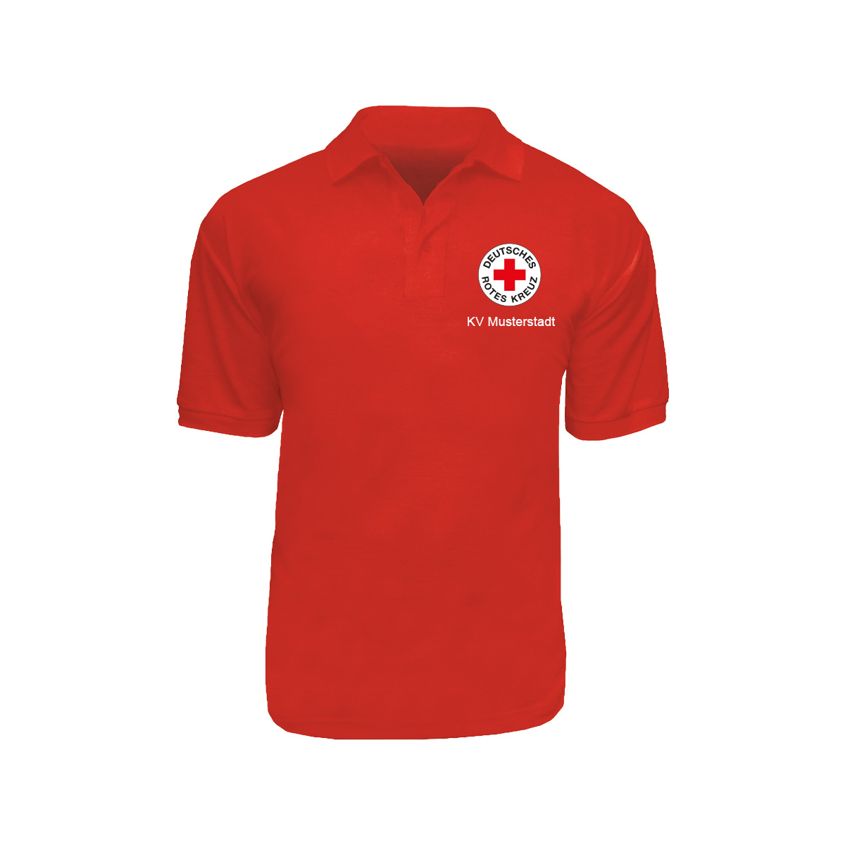 Poloshirt rot, Stick Rundlogo und Zusatzzeile vorn Poloshirt rot mit Stick Rundlogo und Zusatzzeile vorn