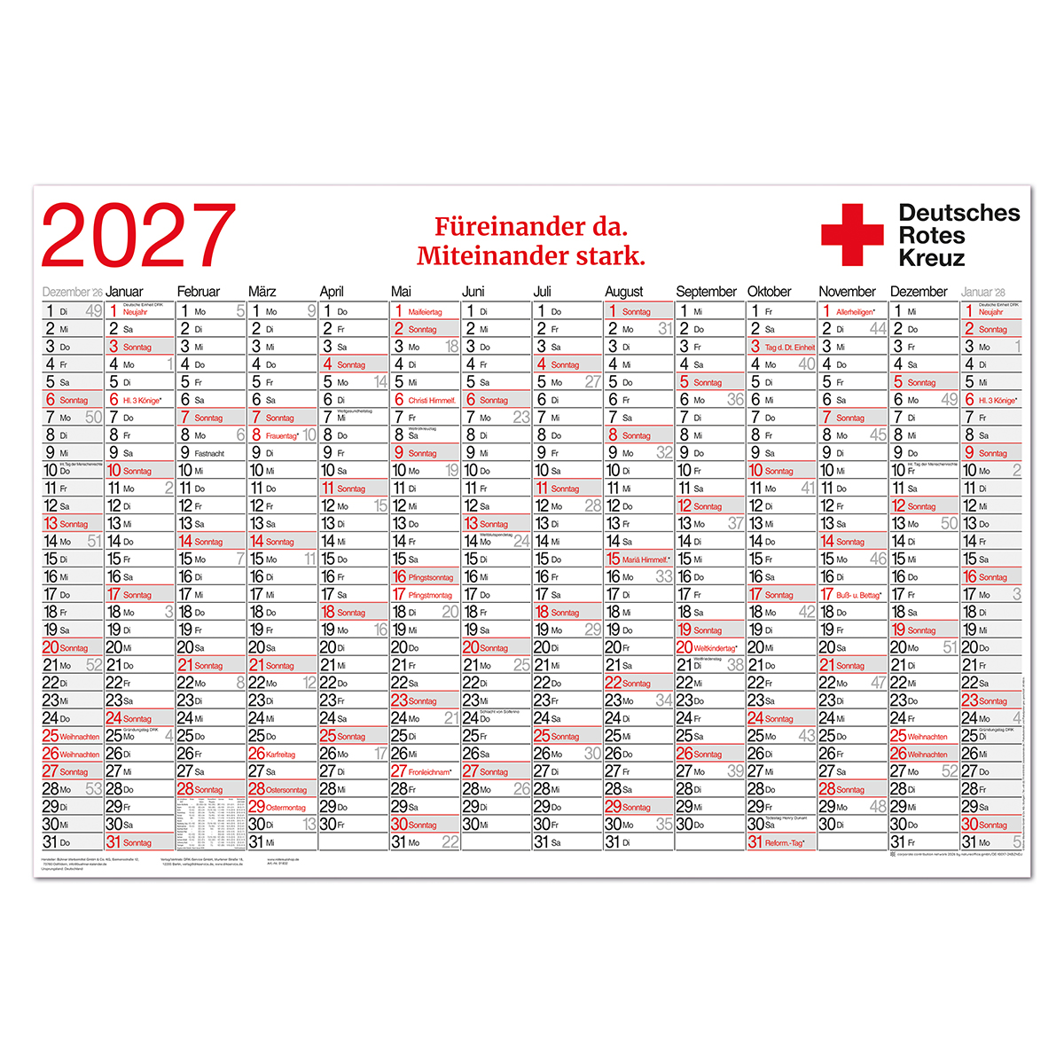 Jahreswandplaner 2026 mit VE = 10 Stück, kalender, wandkalender, 2027, deutsches rotes kreuz, monatskalender, kalender, juli, 2027, dezember, rotes kreuz