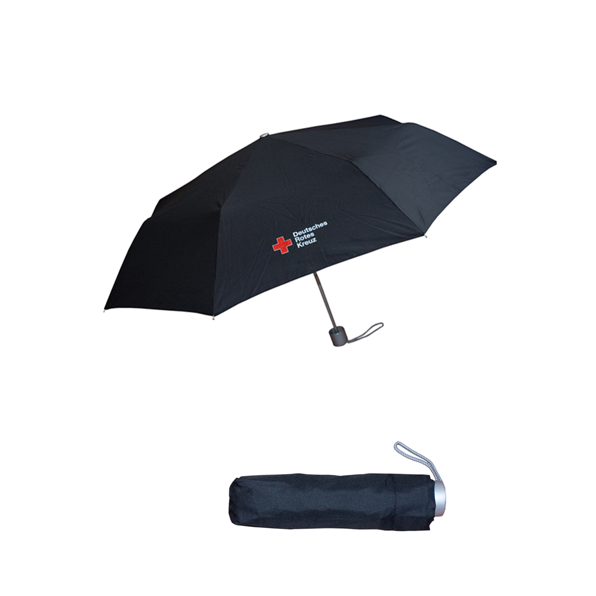 DRK-Taschenschirm, schwarz mit DRK-Kompaktlogo auf einem Segment DRK-Taschenschirm, schwarz mit DRK-Kompaktlogo auf einem Segment
