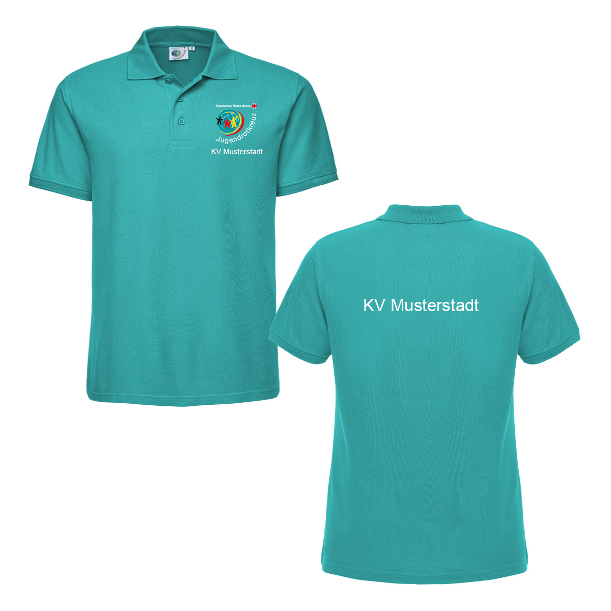 JRK-Poloshirt petrol mit Druck: JRK-Logo vorne und Zusatzzeile vorn und hinten