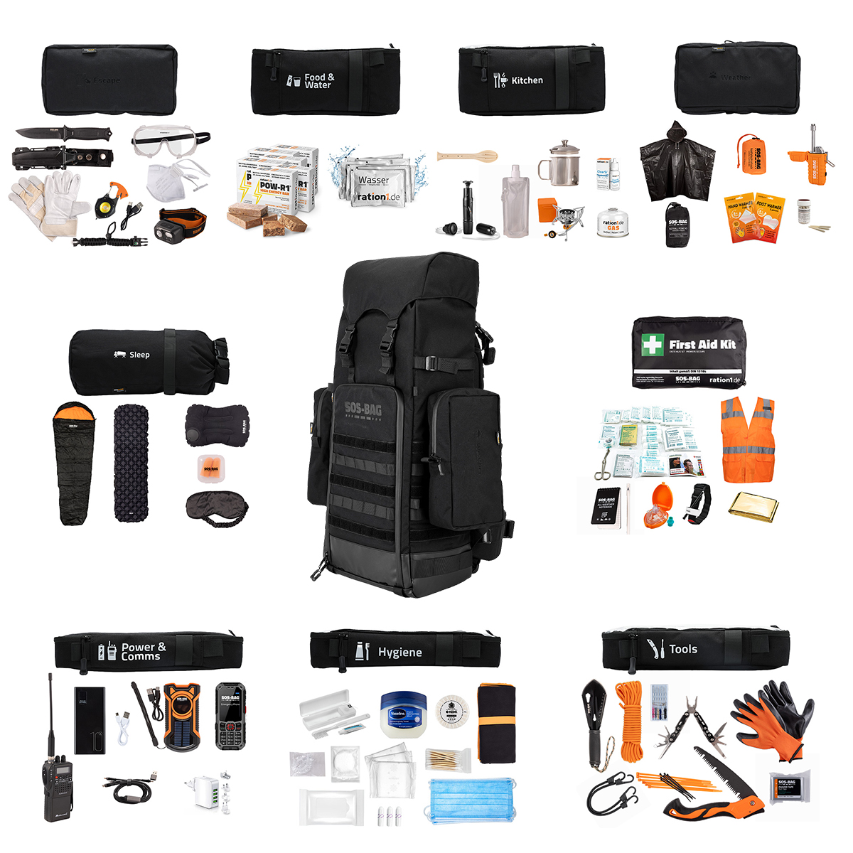Rucksack, Survival-Set, Notfallausrüstung, Ausrüstungstasche, Camping-Set