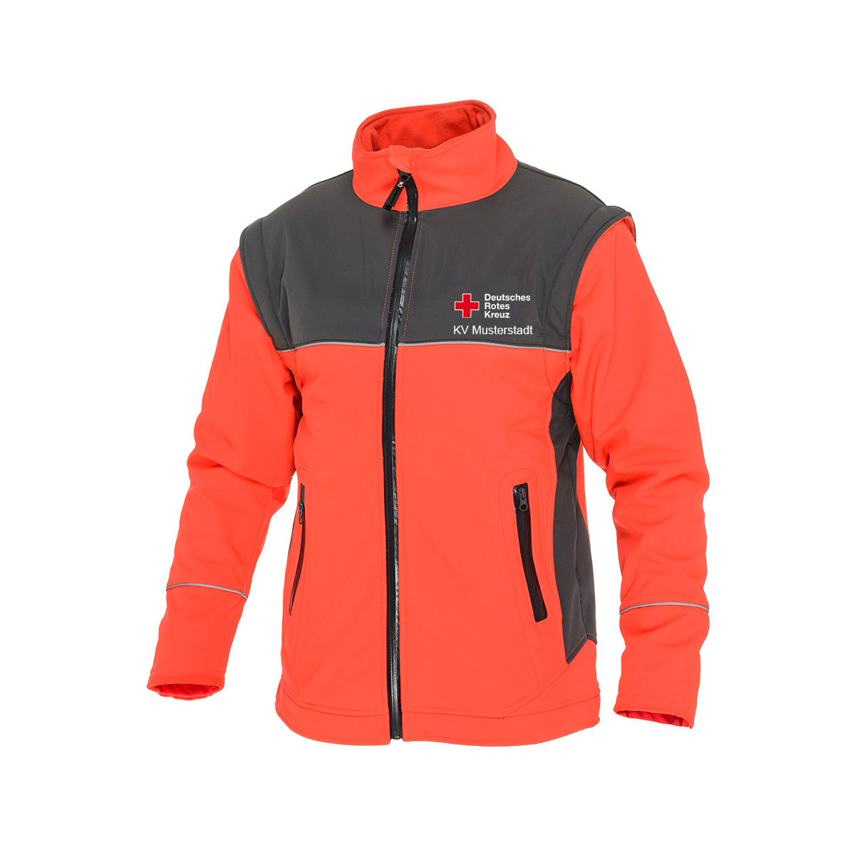 Softshelljacke Classic, leuchtrot, mit Zusatzzeile vorn Softshelljacke Classic, leuchtrot, mit Zusatzzeile vorn