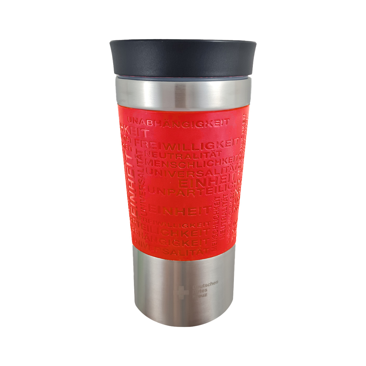 Isolierbecher mit roter Griffmanschette mit Prägung der 7 Grundsätze Isolierbecher mit roter Griffmanschette mit Prägung der 7 Grundsätze