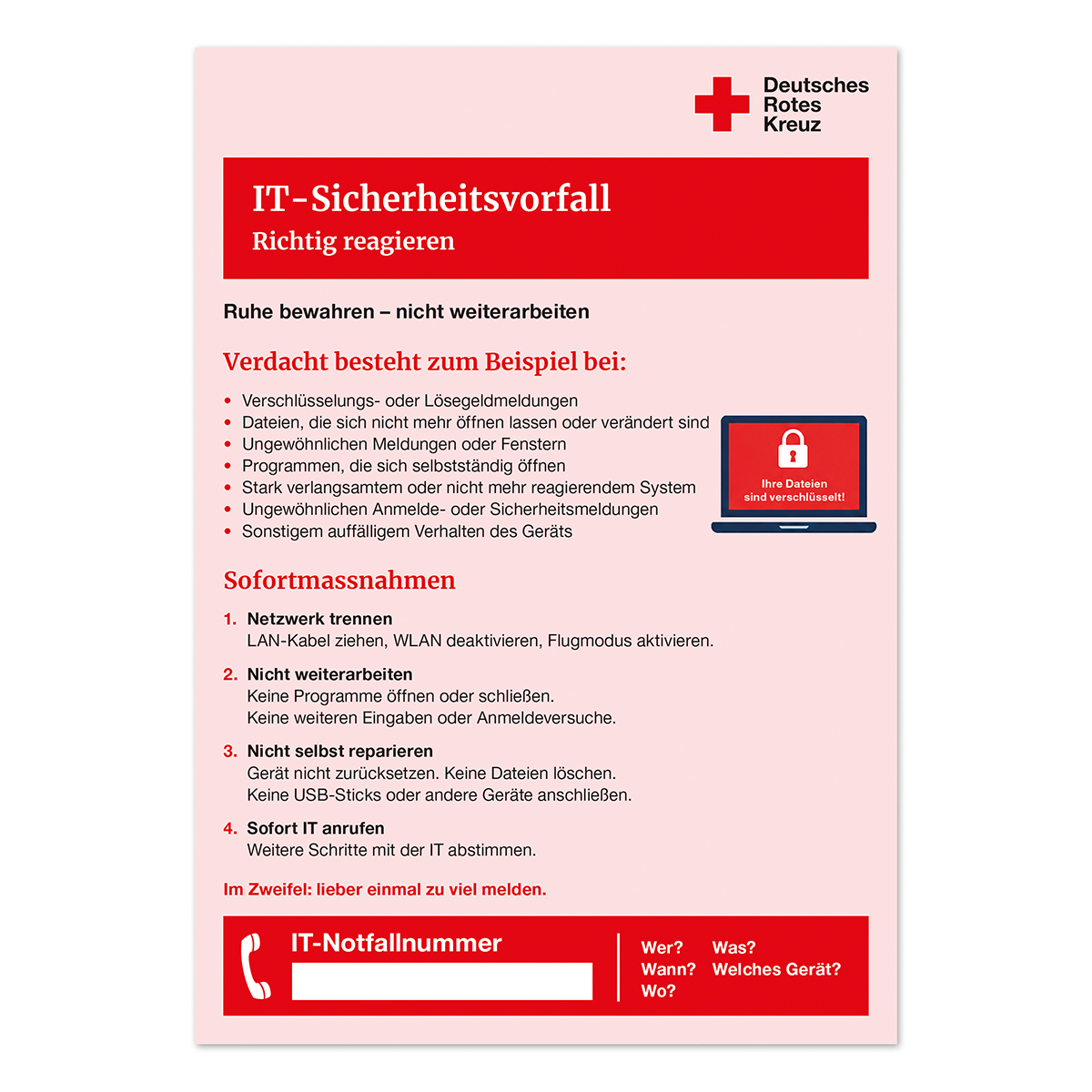 IT-Sicherheitsvorfall, Richtiger reagieren, Verschlüsselung, Notfallnummer, Deutschland Rotes Kreuz