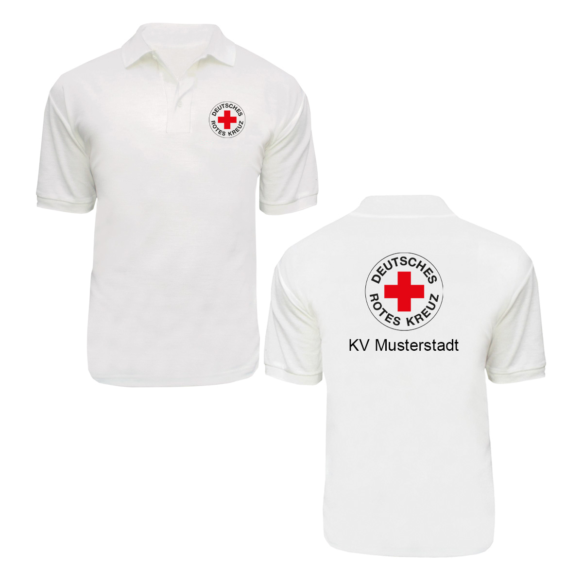Poloshirt weiß, Druck Rundlogo beidseitig und Zusatzzeile hinten Poloshirt weiß mit Druck Rundlogo beidseitig und Zusatzzeile hinten
