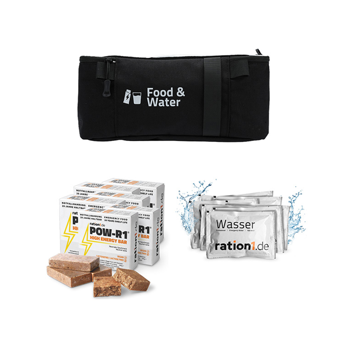 Notfalltasche, Rationierung, Energieriegel, Wasserbeutel, Notfallset