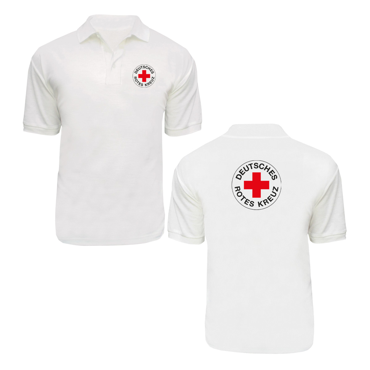 Poloshirt weiß, Druck Rundlogo beidseitig Poloshirt weiß mit Druck Rundlogo beidseitig