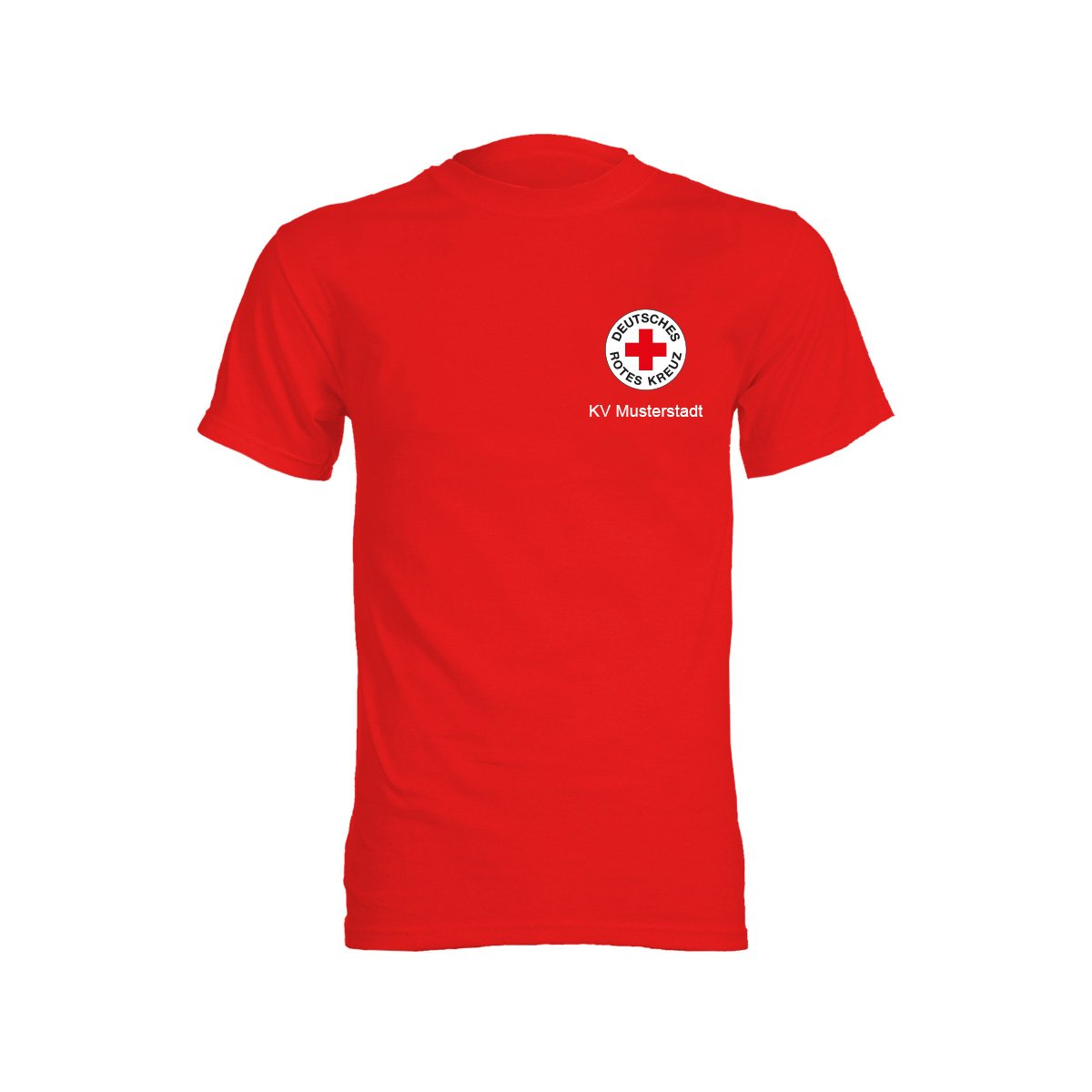 T-Shirt rot, Druck DRK-Rundlogo und Zusatzzeile vorn T-Shirt rot mit Druck DRK-Rundlogo und Zusatzzeile vorn