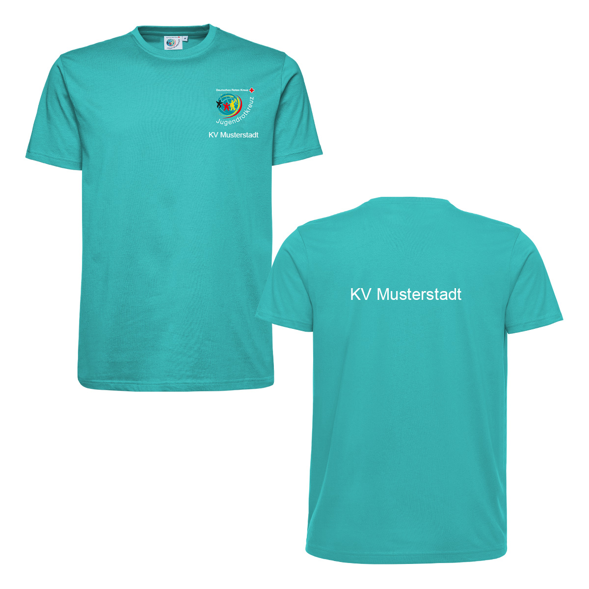 JRK-T-Shirt petrol mit Druck: JRK-Logo vorne und Zusatzzeile vorn und hinten