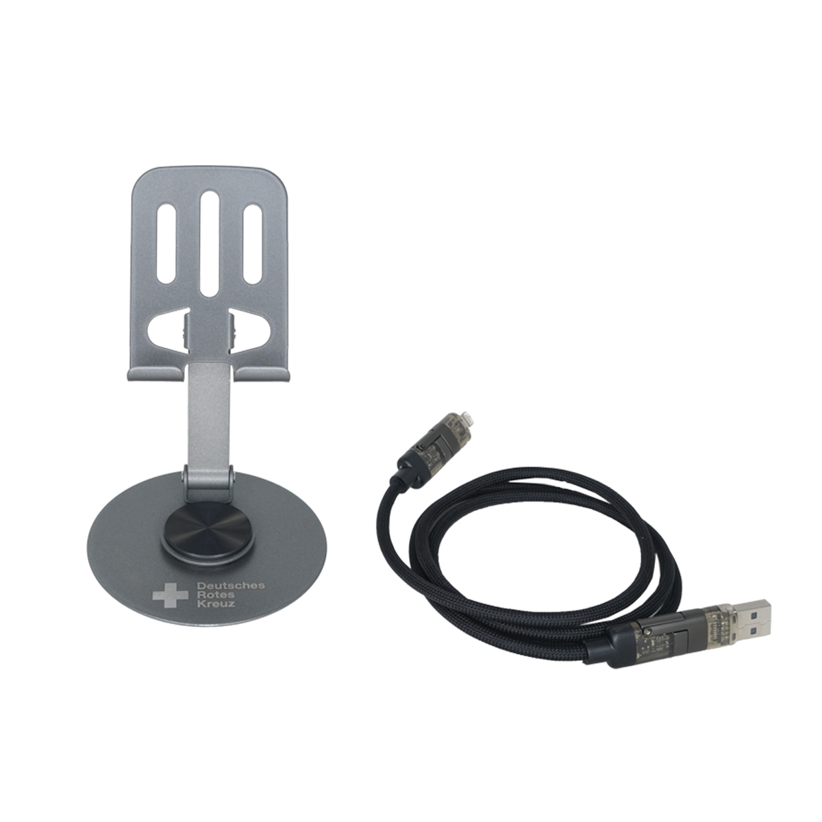 Handyhalter, Ladekabel, USB-A, USB-C, graues Metall