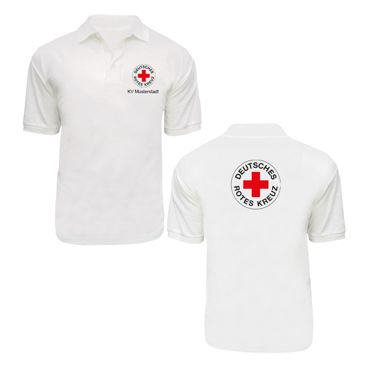 Poloshirt weiß, Druck Rundlogo beidseitig und Zusatzzeile vorn Poloshirt weiß mit Druck Rundlogo beidseitig und Zusatzzeile vorn
