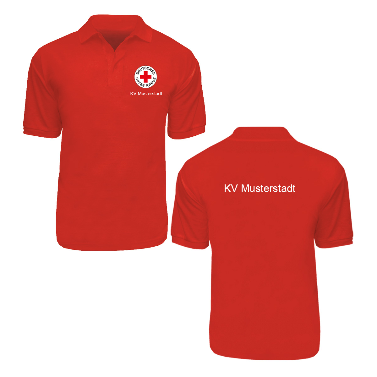 Poloshirt rot, Stick Rundlogo und Zusatzzeile vorn und hinten Poloshirt rot mit Stick Rundlogo und Zusatzzeile vorn und hinten