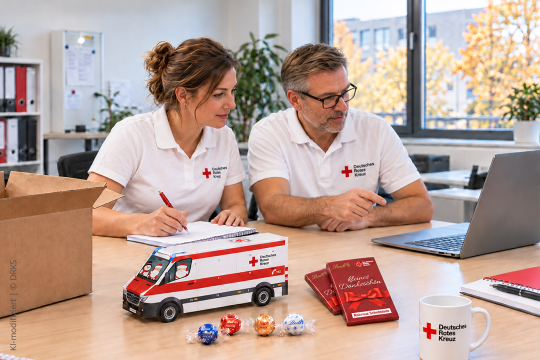 Spielzeug-Krankenwagen, Modellauto, Rot-weiß, Schokoladentafel, Keramiktasse
