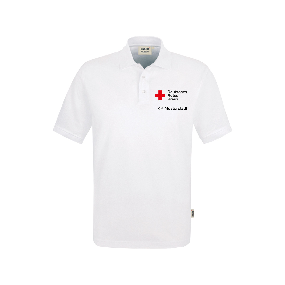 Hakro Poloshirt weiß, Stick Kompaktlogo und Zusatzzeile vorn Hakro Poloshirt weiß mit Stick Kompaktlogo und Zusatzzeile vorn