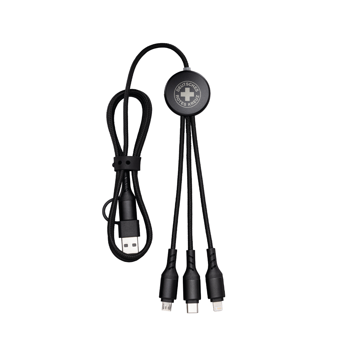 Ladekabel, USB-Kabel, Mehrfachstecker, Textilkabel, Schwarz