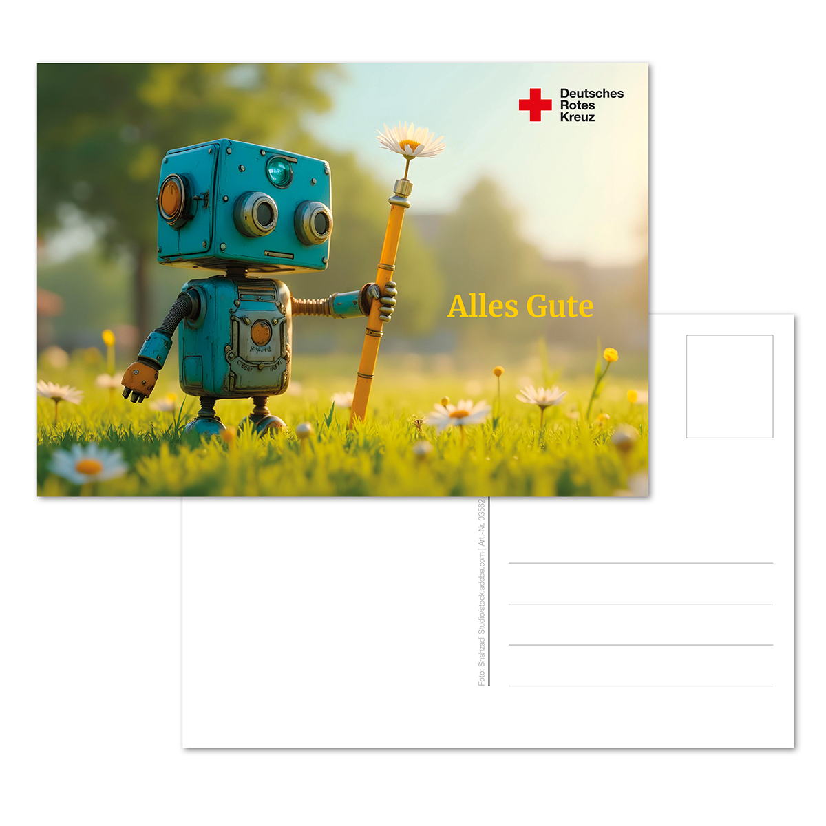 Postkarte Motiv Roboter mit Blume, VE = 10 Stück Roboter, Spielzeug, Roboter, Spielzeug