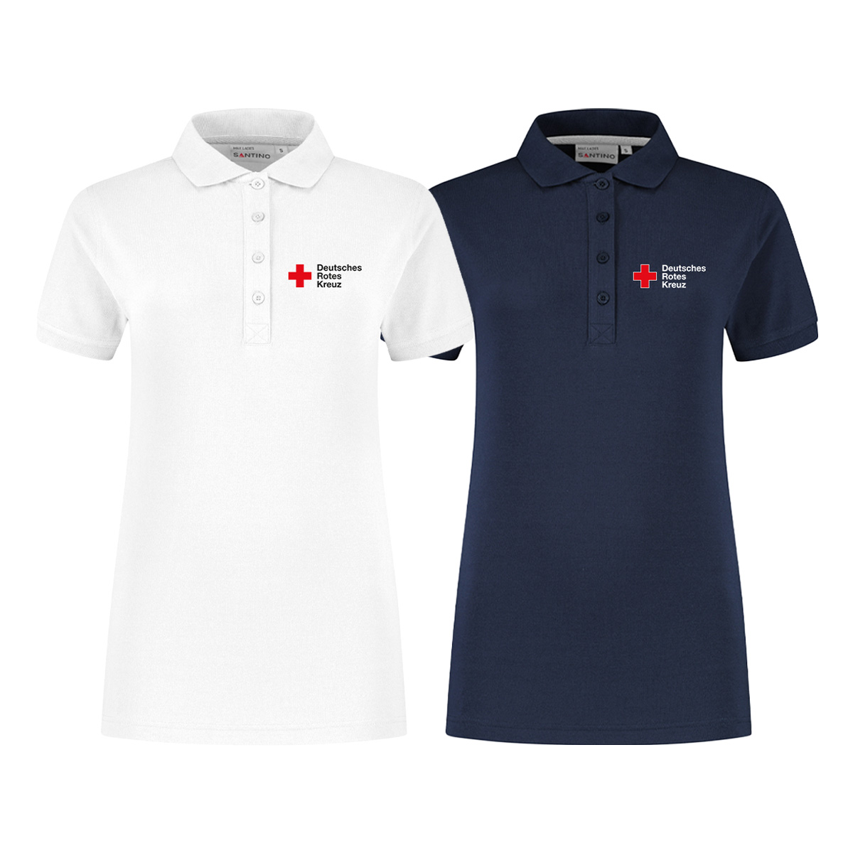 Poloshirt Damen, weiß und navy Stick DRK-Kompaktlogo Poloshirt für Damen mit weiß und navy Stick DRK-Kompaktlogo