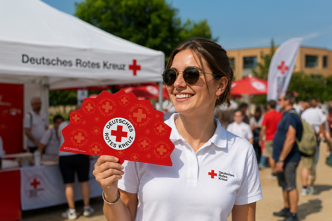 Rotes Kreuz, Poloshirt, Sonnenbrille, Event-Stand, Plakat