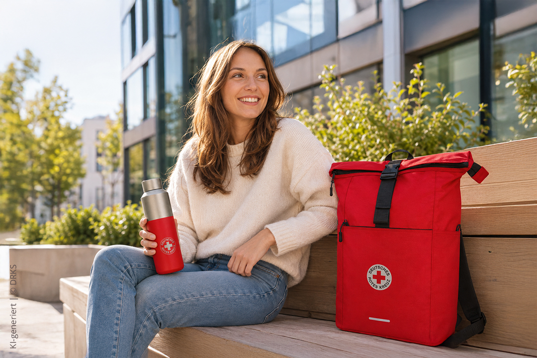 frau, outdoor, roter Rucksack, Wasserflasche, dicker Pullover