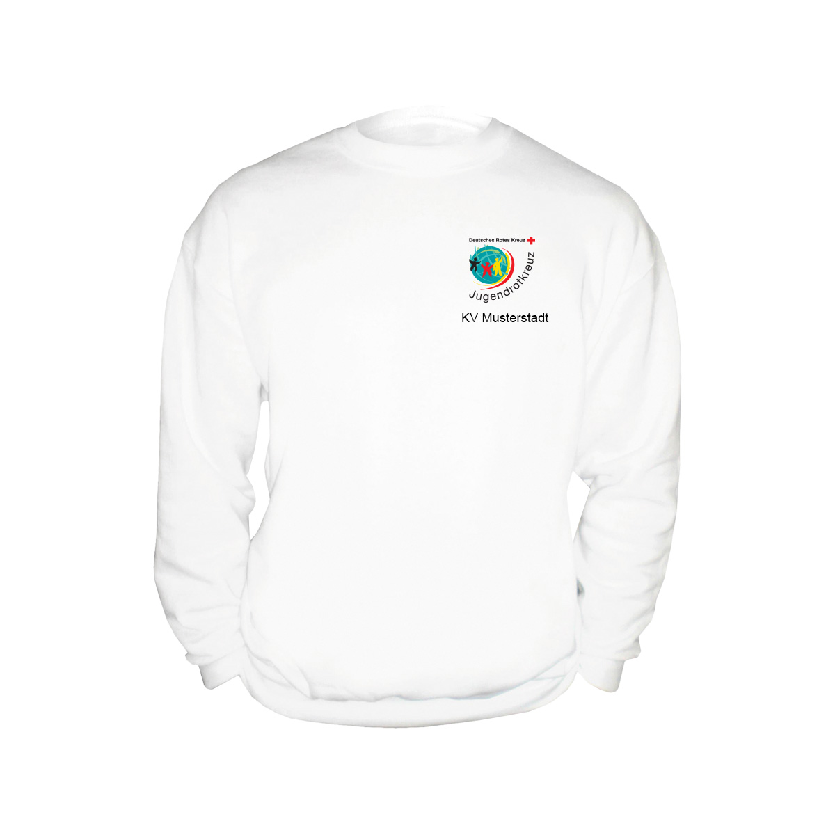 Sweatshirt weiß mit Druck JRK-Logo und Zusatzzeile vorn