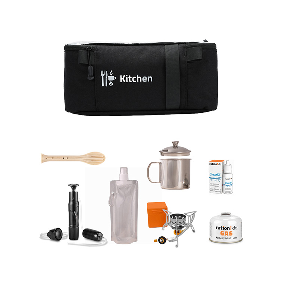 Tasche, Küchenzubehör, Campingkocher, Trinkflasche, Gaskocher-Set