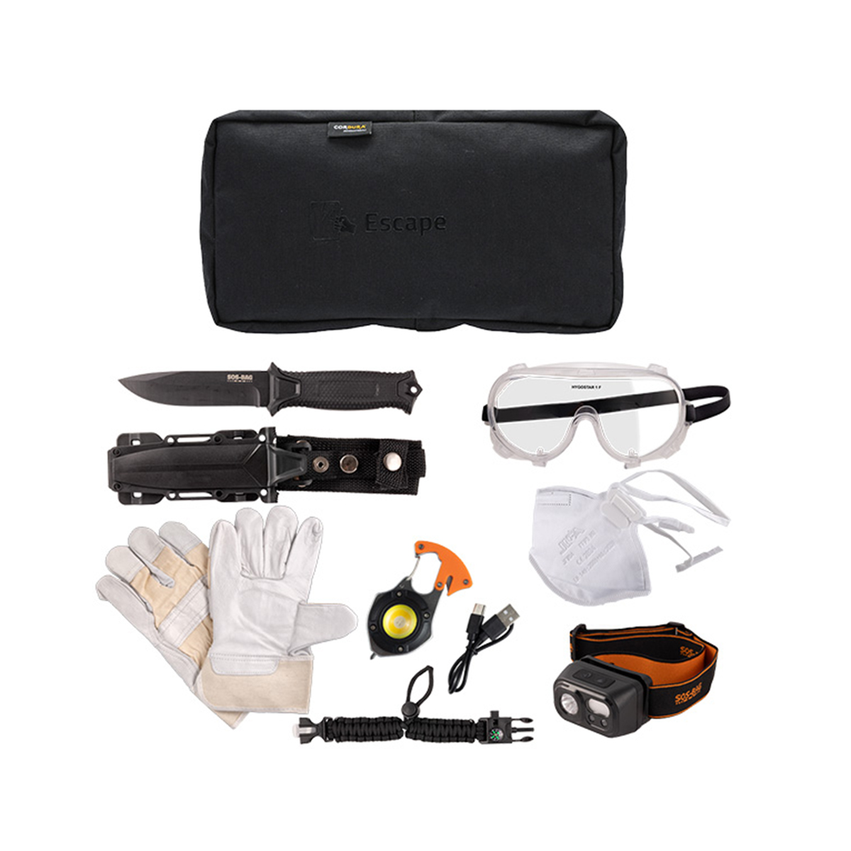 taktisches Kit, Überlebensausrüstung, Messer, Handschuhe, Schutzbrille