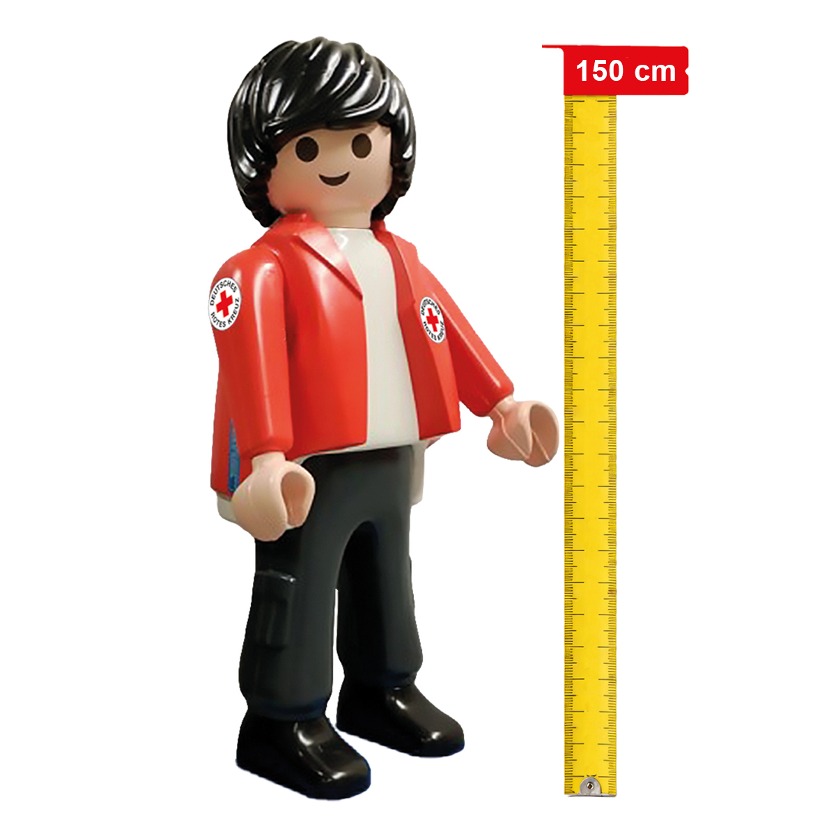 Miniaturfigur, Playmobil, rote Jacke, schwarze Hose, Messbandmaß