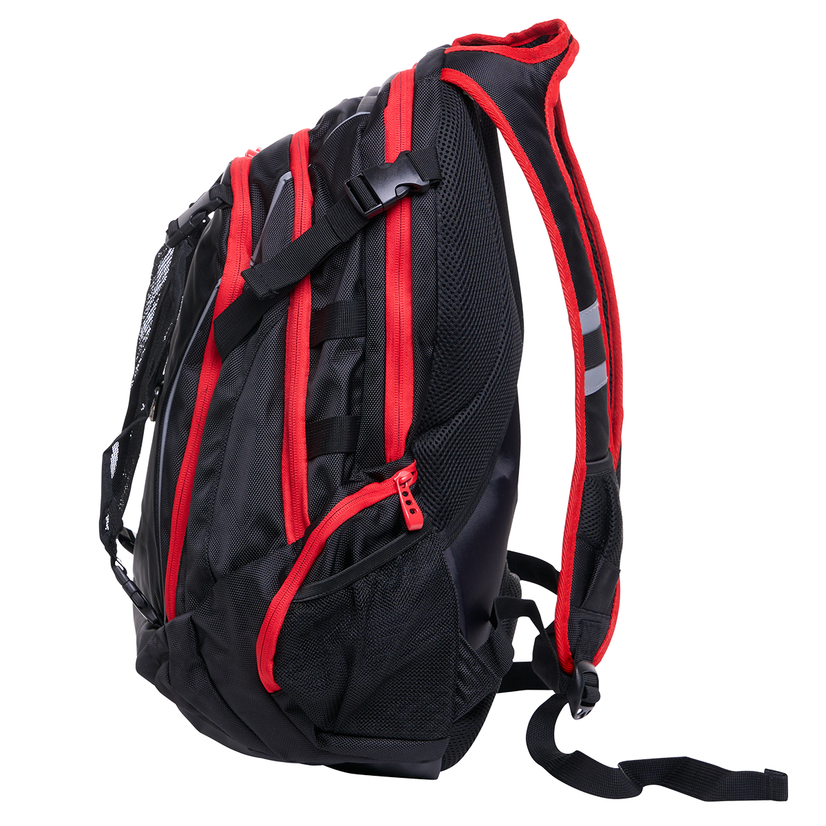 Rucksack, Schulrucksack, Rucksack mit roten Reißverschlüssen, Mesh-Seitenfach, Padded Schulterriemen