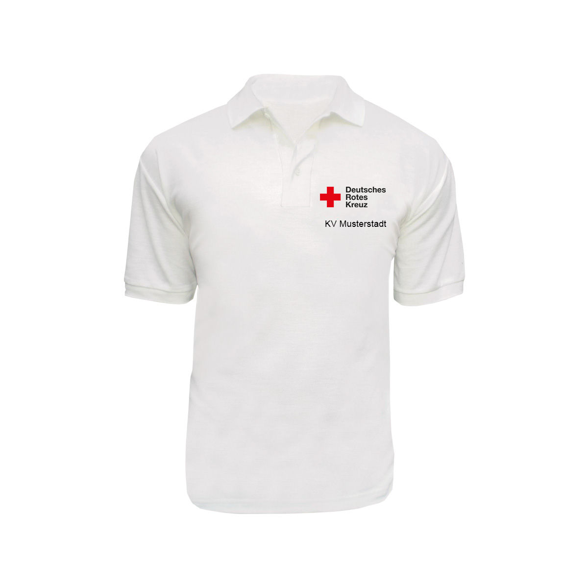 Poloshirt weiß mit Stick Kompaktlogo und Zusatzzeile vorn