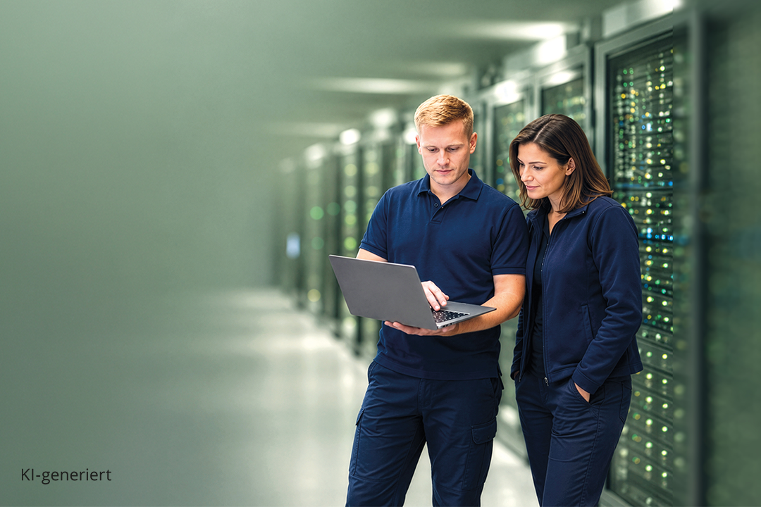 serverraum, Rechenzentrum, Laptop, Technikpersonal, blaue Kleidung