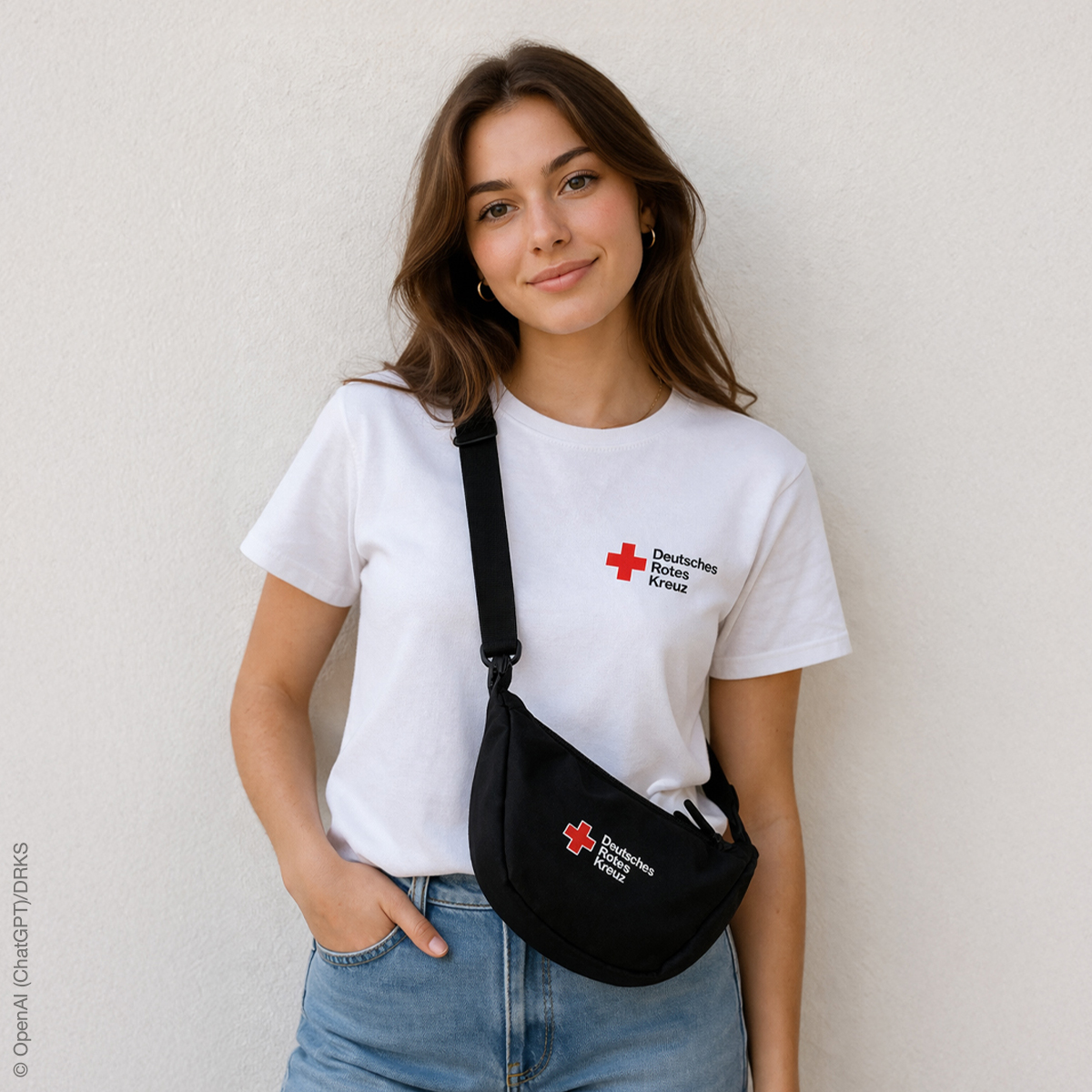 T-Shirt, Rotes Kreuz Logo, Weißes Shirt, Umhängetasche, Casual Look