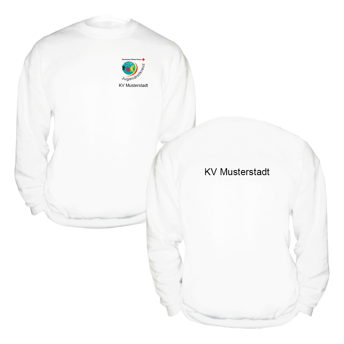 Sweatshirt weiß mit Druck JRK-Logo und Zusatzzeile vorn und hinten